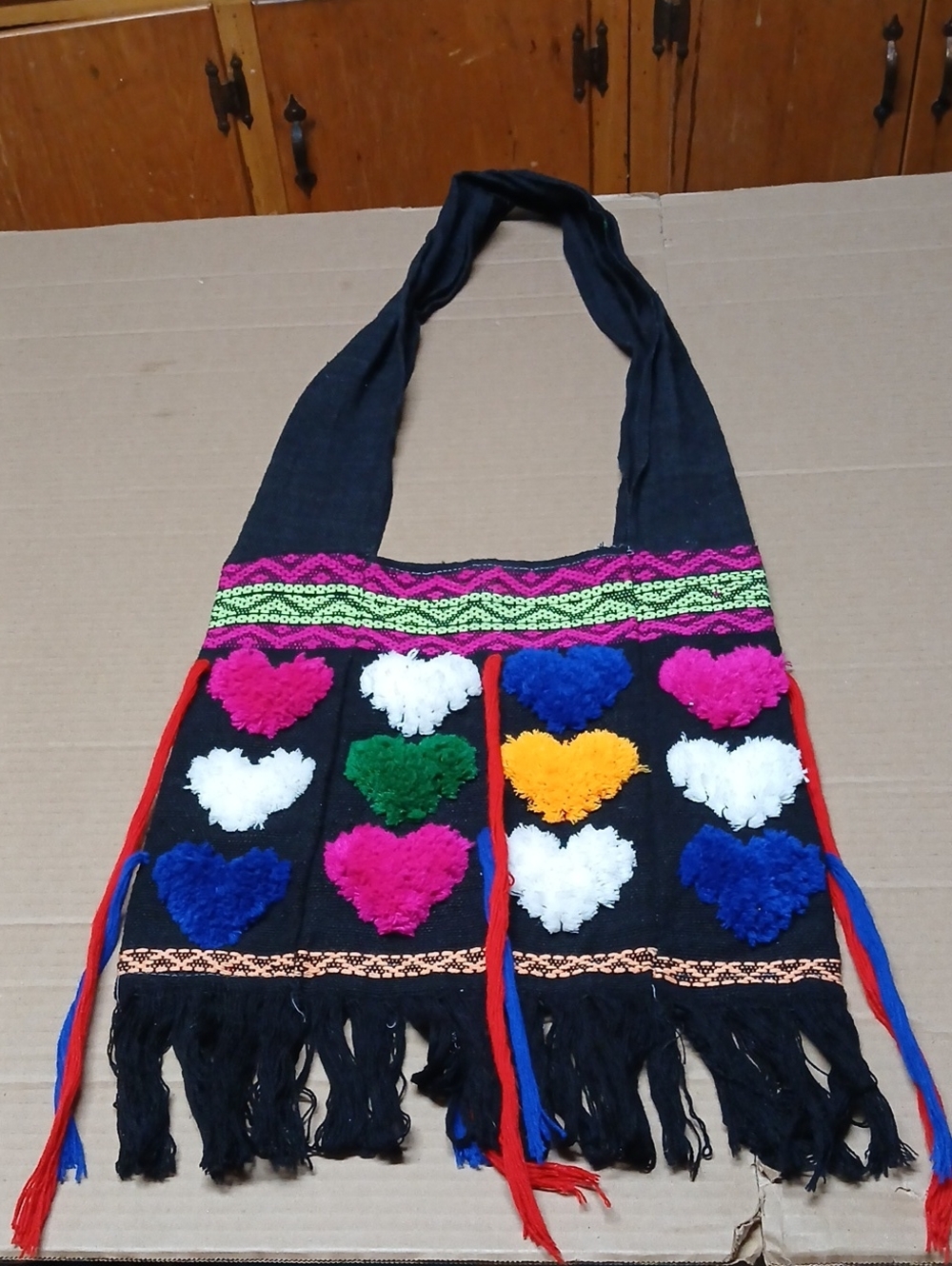 Boho Woven Fabric Hobo Shoulder Bag Black Fringe w/ Multicolor Fuzzy Hearts